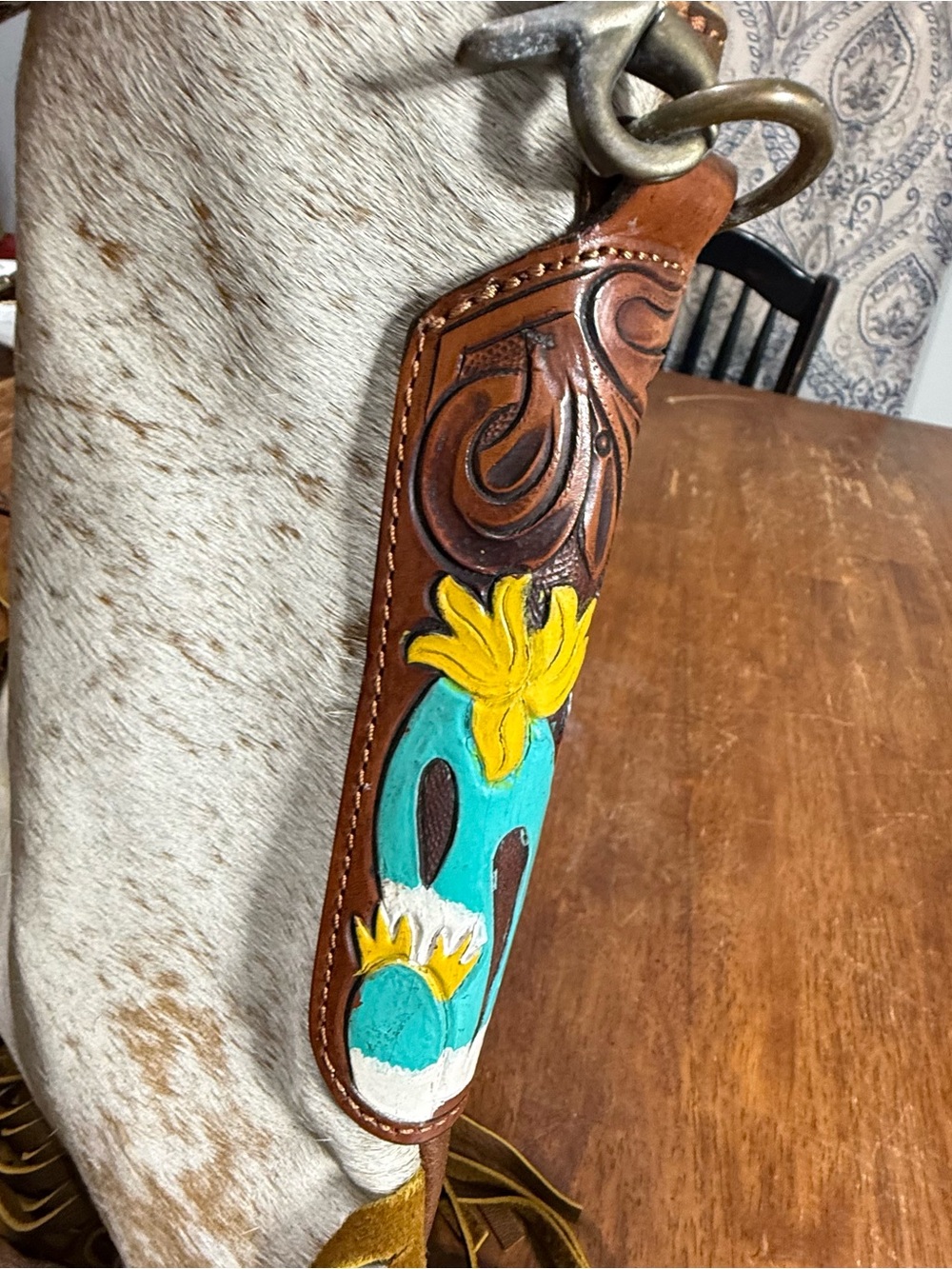 American Darling Cowhide Leather Fringe Crossbody Bag Turquoise Tooled Purse - Picture 6 of 11